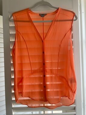 Helmut Lang Neon Orange Sleeveless Sheer Button-Down Blouse
